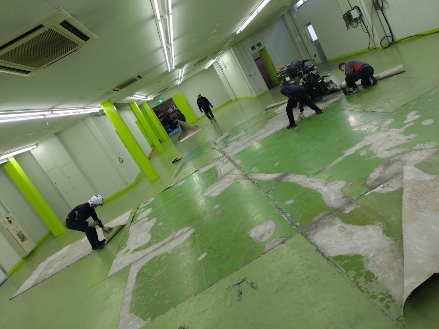施工前：既存の床シートを剥がしている工場フロア